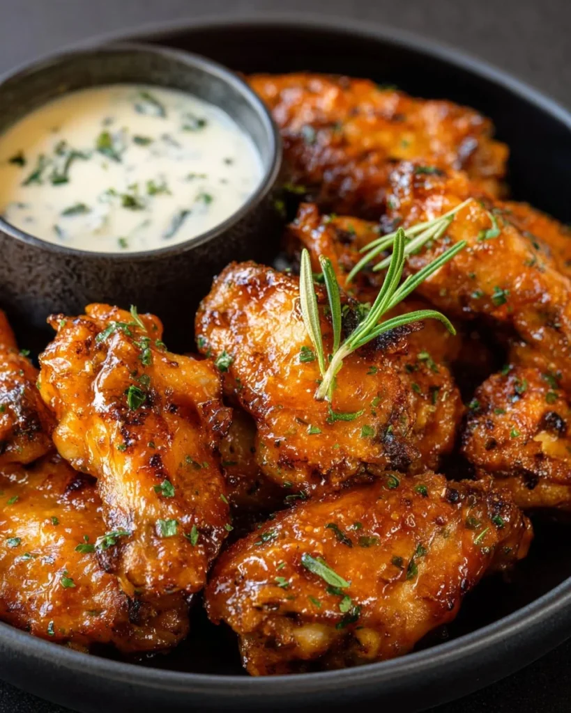 Crispy air fryer buffalo chicken wings served with dipping sauce