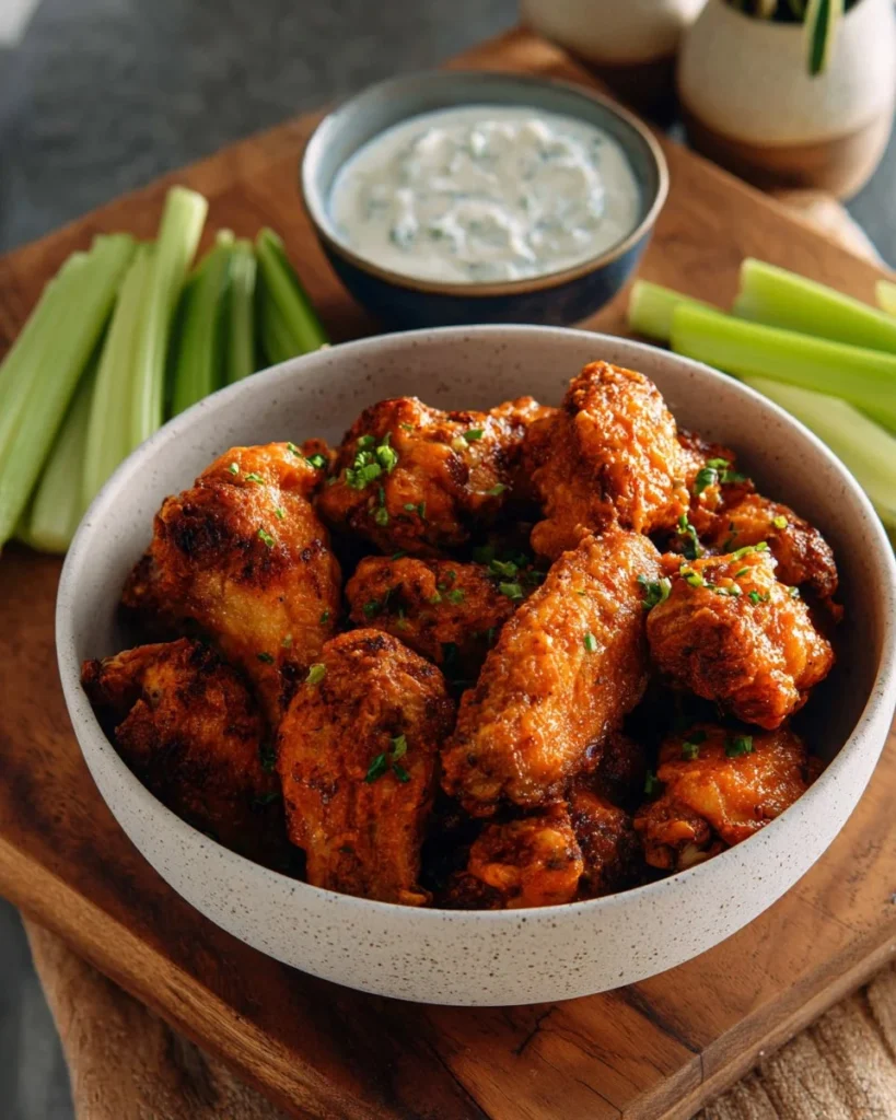Crispy Air Fryer Buffalo Wings served with ranch dipping sauce