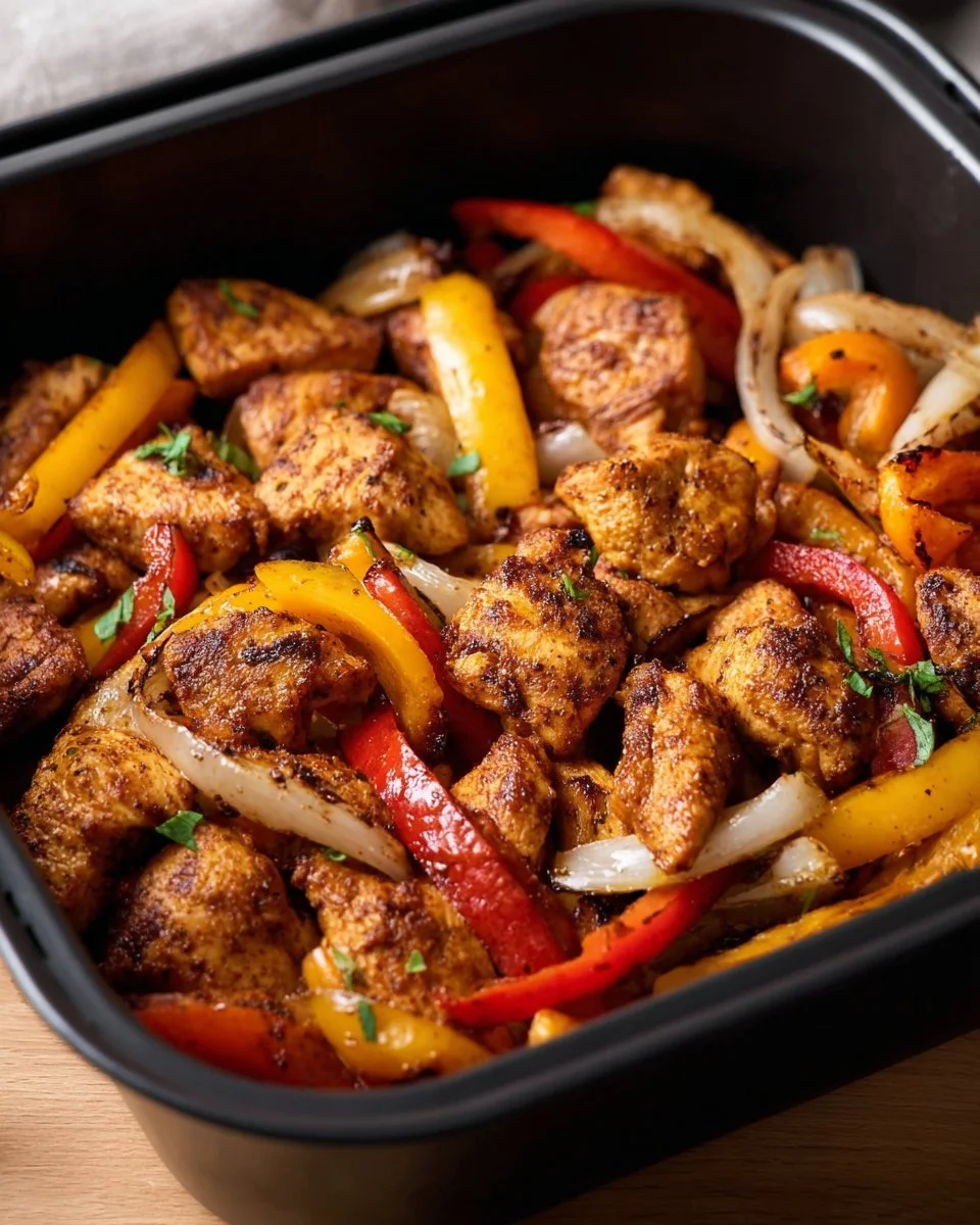 Plate of delicious Air Fryer Chicken Fajitas with colorful bell peppers