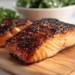 Air Fryer Honey Soy Marinated Salmon served with veggies