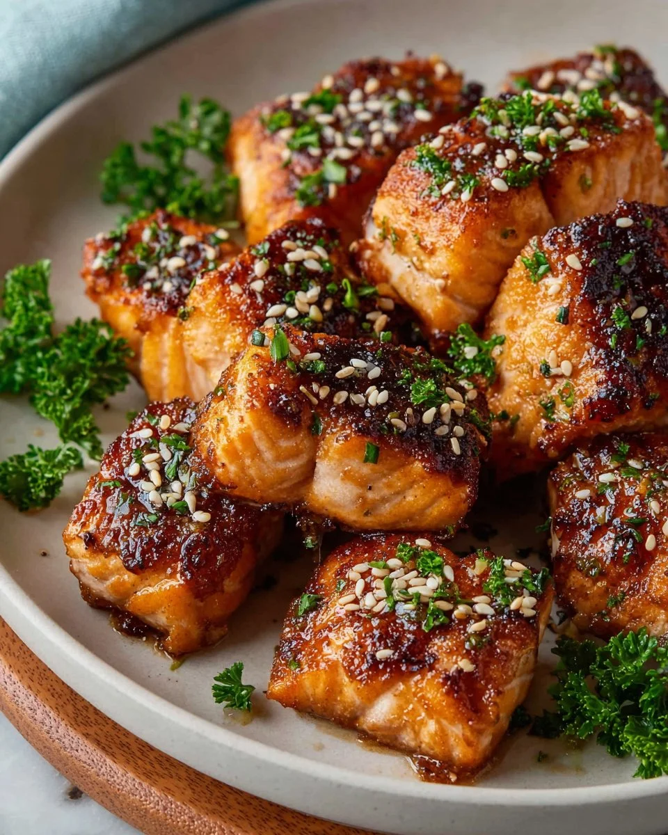 Air fryer salmon bites cooked to perfection, golden and crispy.