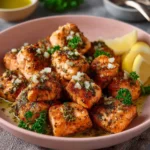 Crispy air fryer salmon bites served with dipping sauce on a plate