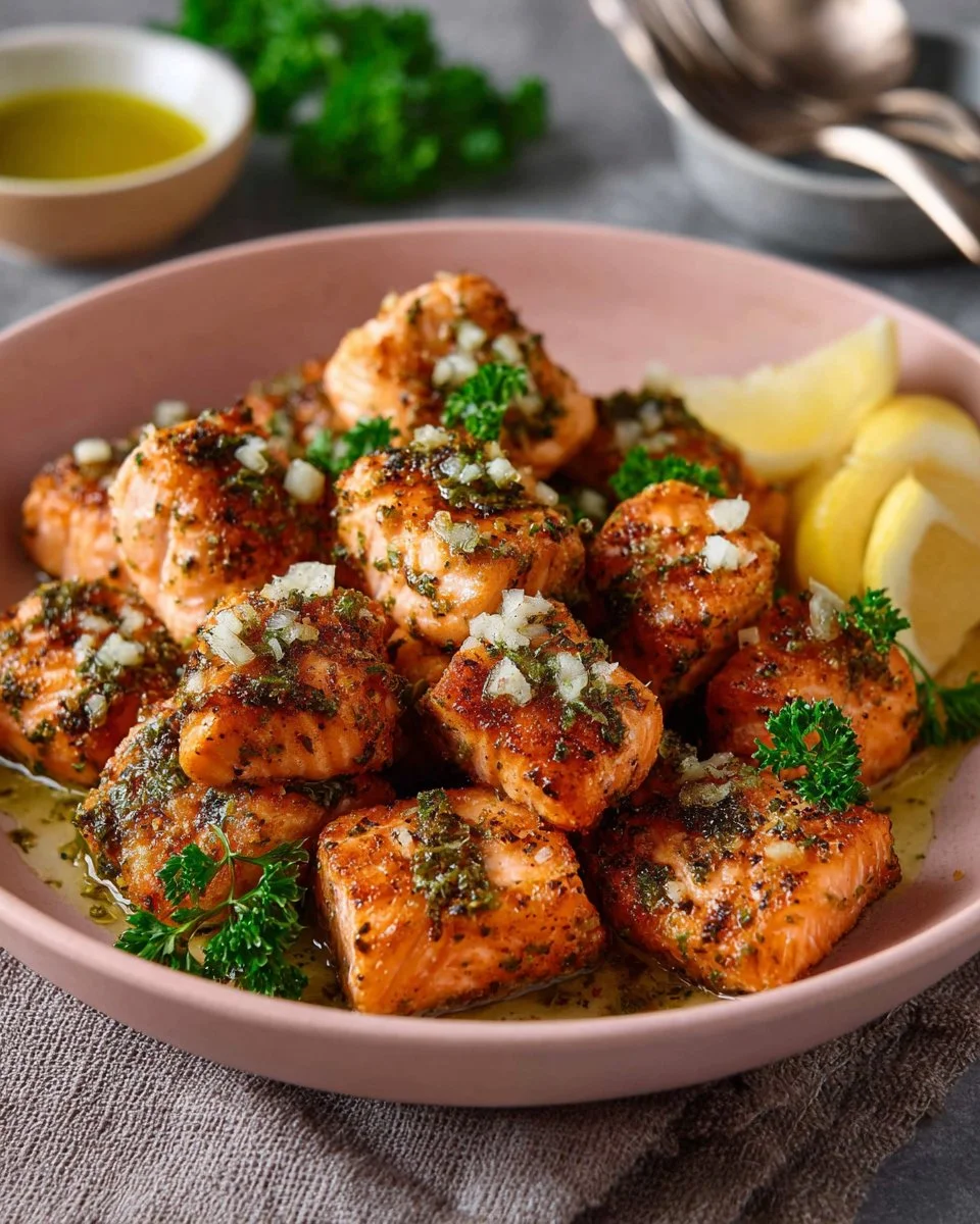 Crispy air fryer salmon bites served with dipping sauce on a plate