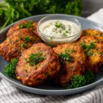 Crispy air fryer salmon patties served with dipping sauce