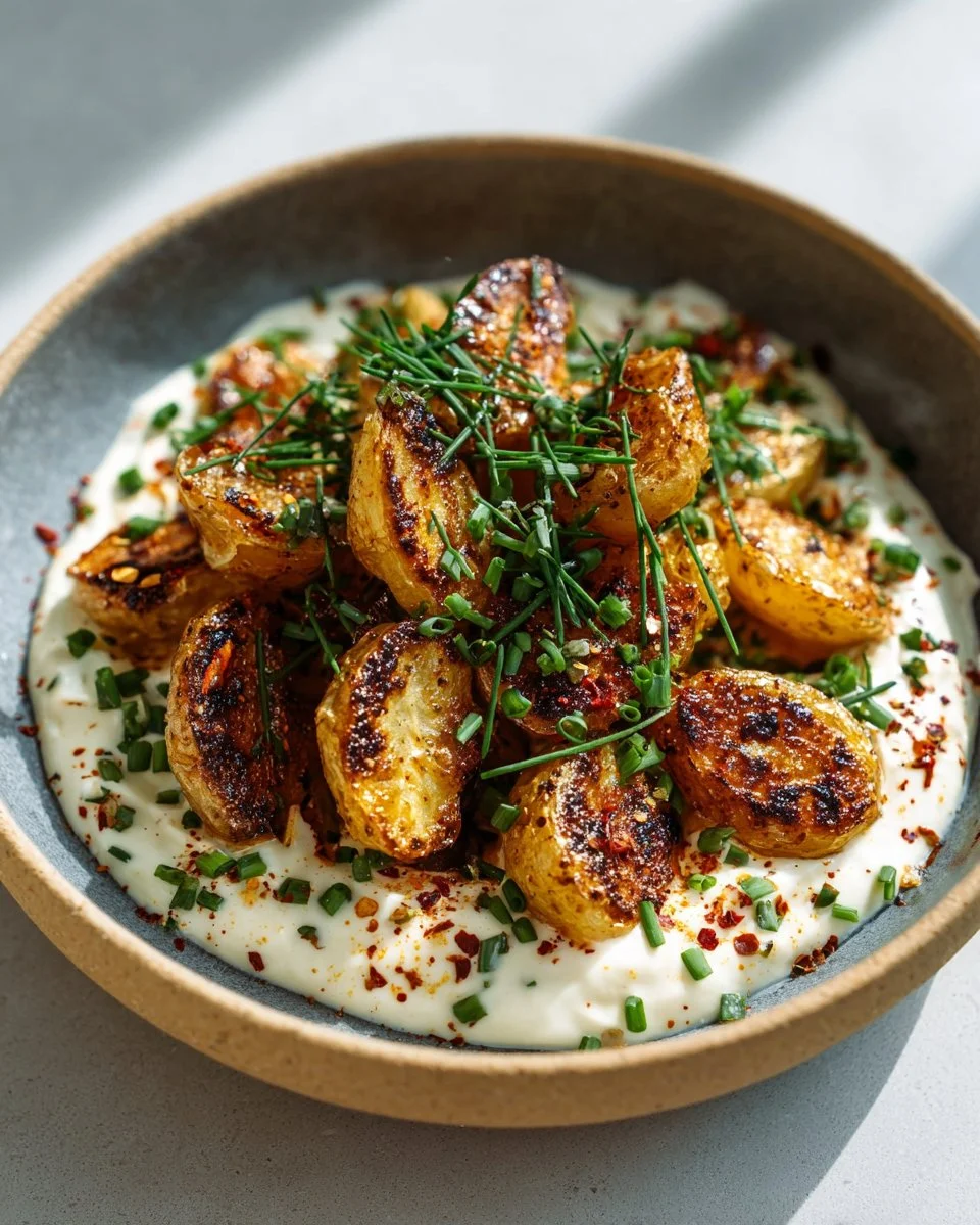 Aleppo Pepper Potato Salad with vegan labneh garnished with fresh herbs