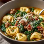 Bowl of autumn tortellini soup with fresh herbs and vegetables