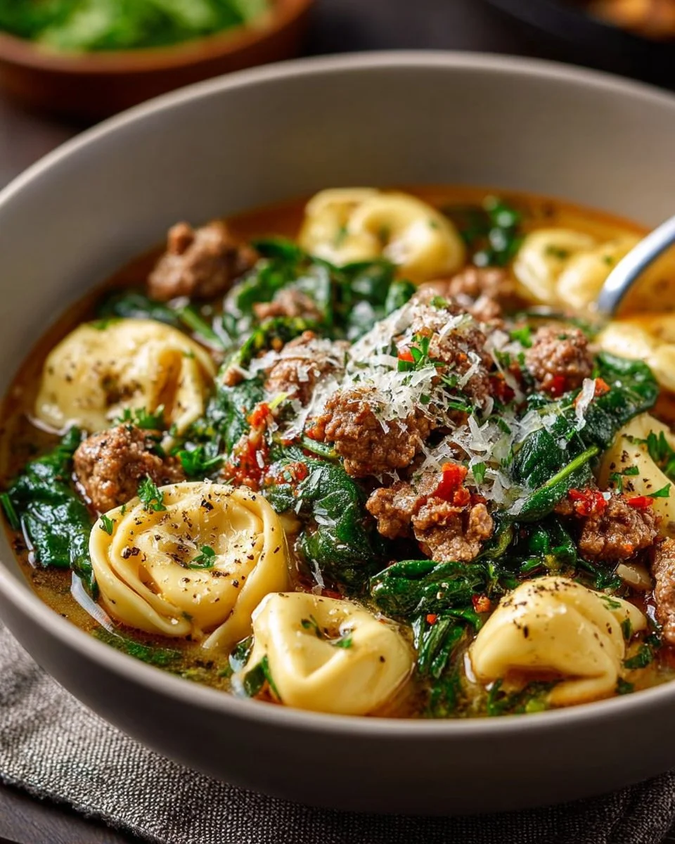 Bowl of autumn tortellini soup with fresh herbs and vegetables