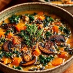 Bowl of autumn wild rice soup with vegetables and herbs