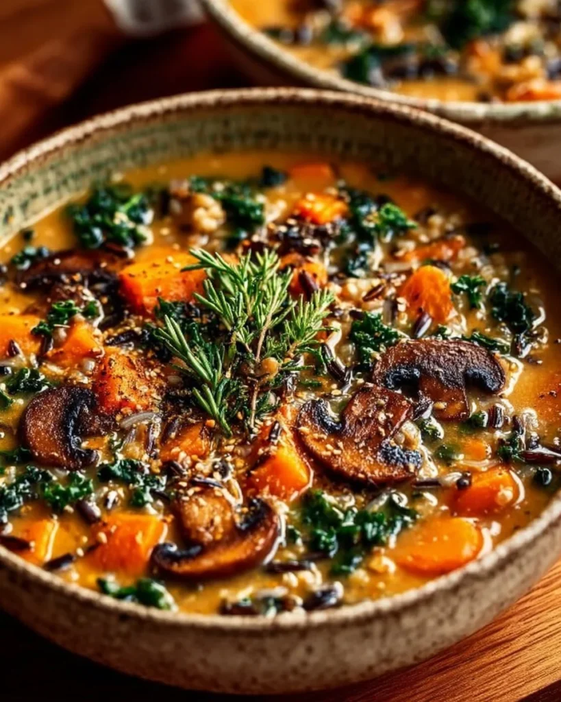 Bowl of autumn wild rice soup with vegetables and herbs
