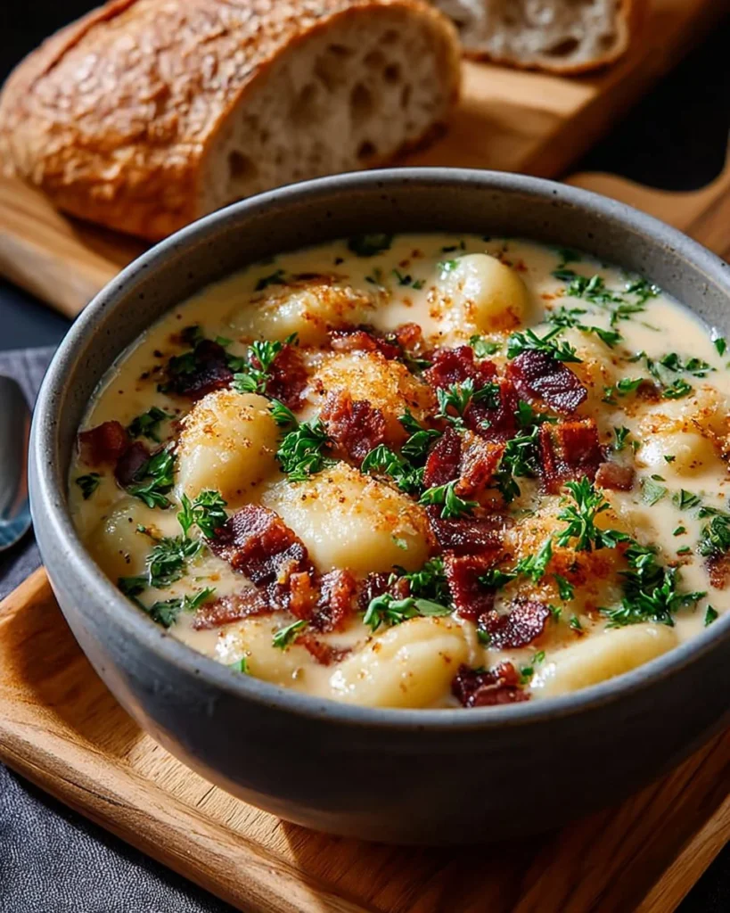 Delicious bowl of Bacon Cheddar Gnocchi Soup with crispy bacon and cheddar cheese.