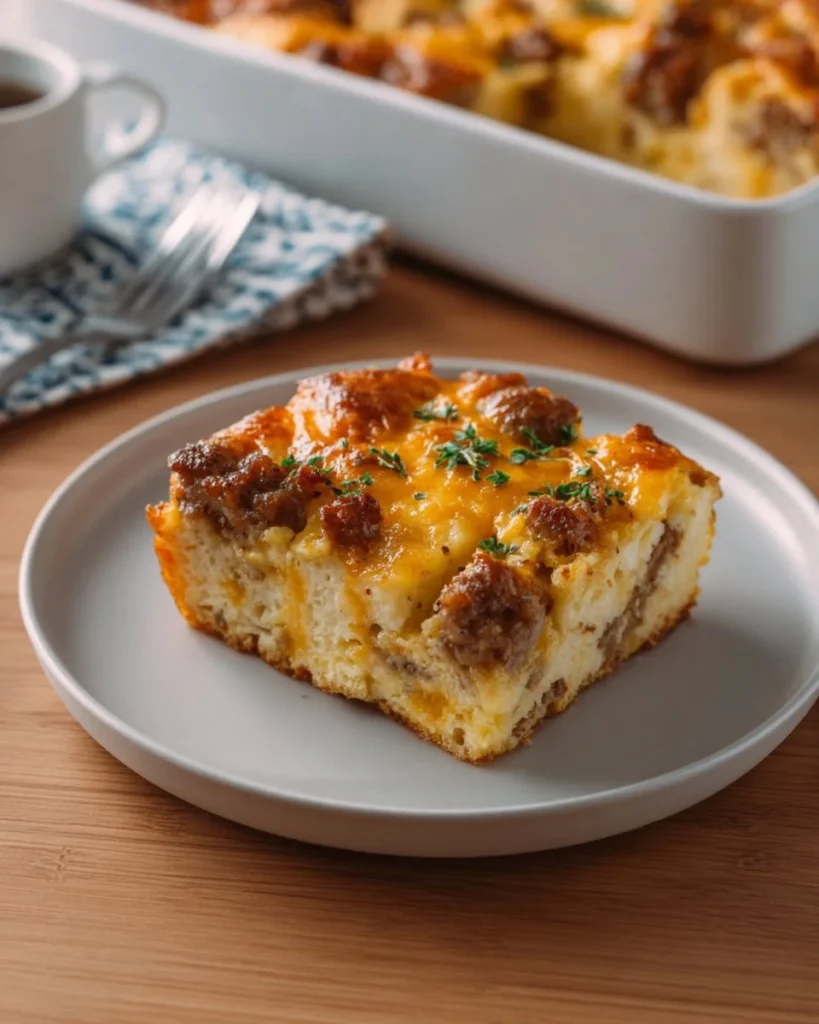 Delicious breakfast casserole with hash browns and eggs served in a baking dish