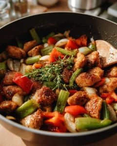 Delicious Black Pepper Chicken garnished with vegetables on a plate