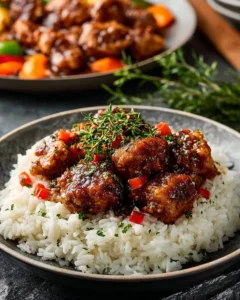 Delicious Black Pepper Chicken served with vegetables and rice