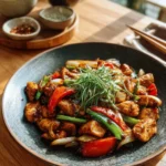 A plate of black pepper chicken garnished with green onions and peppers.