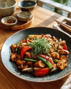 A plate of black pepper chicken garnished with green onions and peppers.