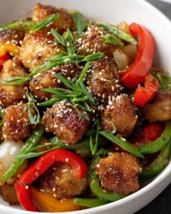 Delicious plate of Black Pepper Chicken with colorful vegetables.