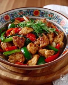 Delicious Black Pepper Chicken Stir-Fry with vibrant vegetables in a skillet.