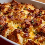Delicious breakfast casserole with bacon, eggs, and cheese baked to perfection.
