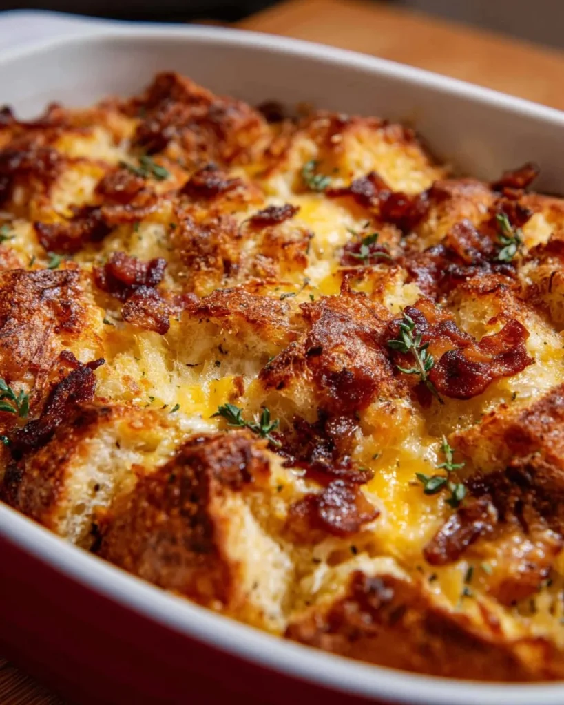 Delicious breakfast casserole with bacon, eggs, and cheese baked to perfection.