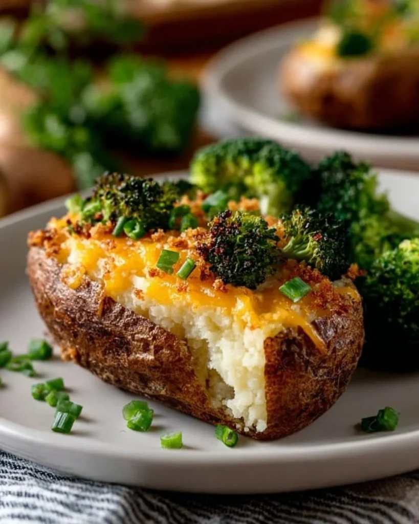 Broccoli cheese stuffed baked potatoes topped with cheese and broccoli florets.