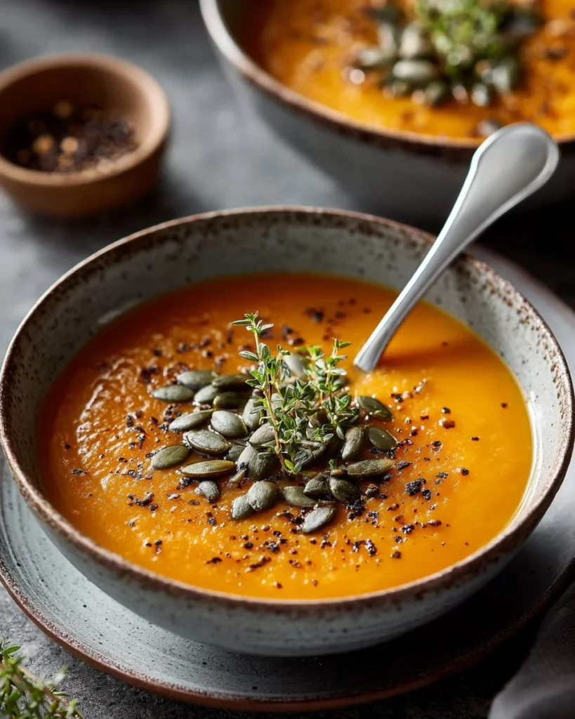 Bowl of delicious butternut squash carrot soup topped with herbs