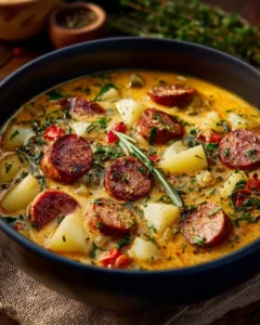 Bowl of hearty Cajun Potato Soup with spices and potatoes