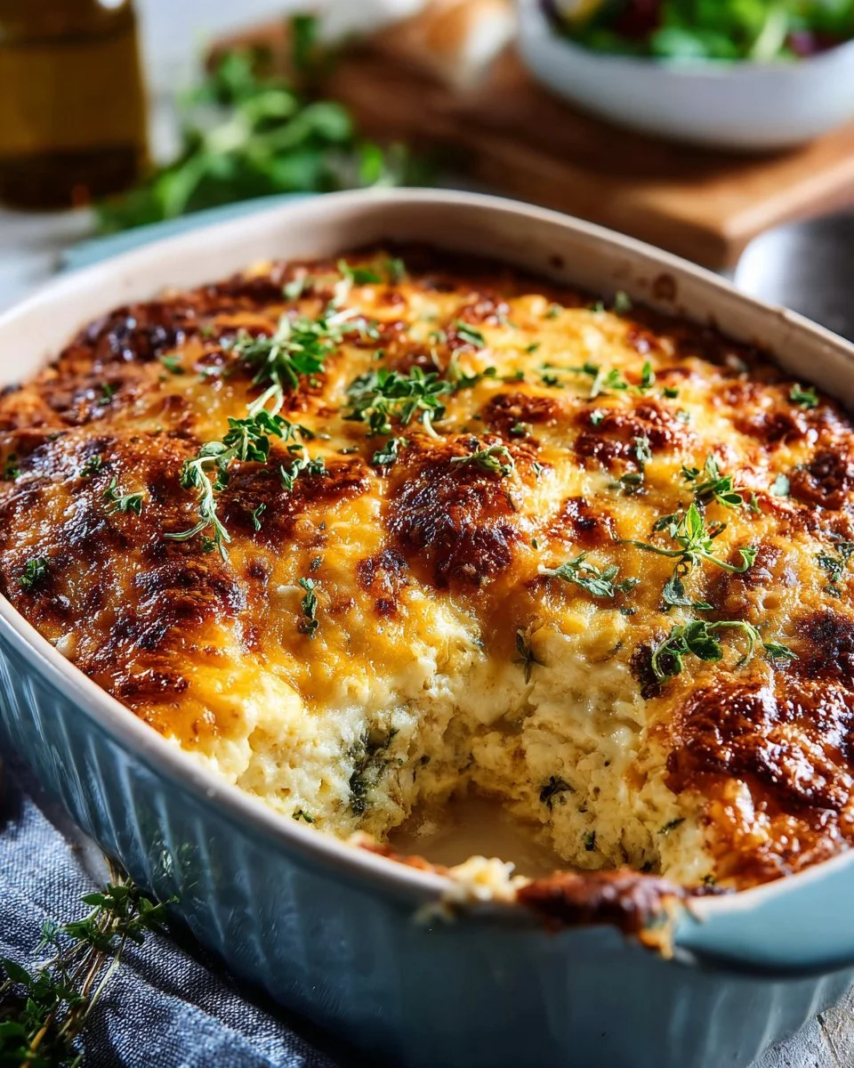 Cheesy chicken and broccoli casserole in a baking dish, ready to serve.