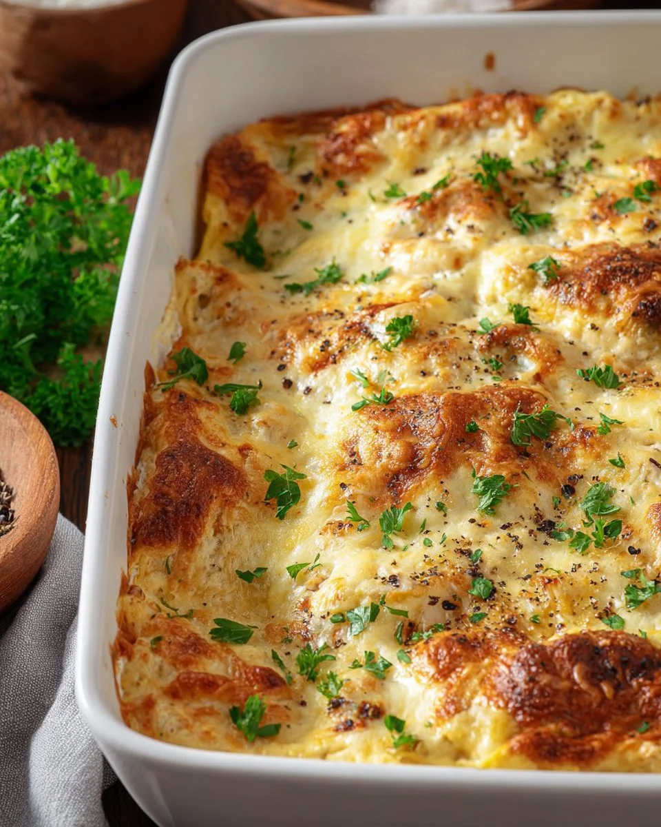 Delicious Cheesy Chicken Enchilada Bake topped with melted cheese and spices