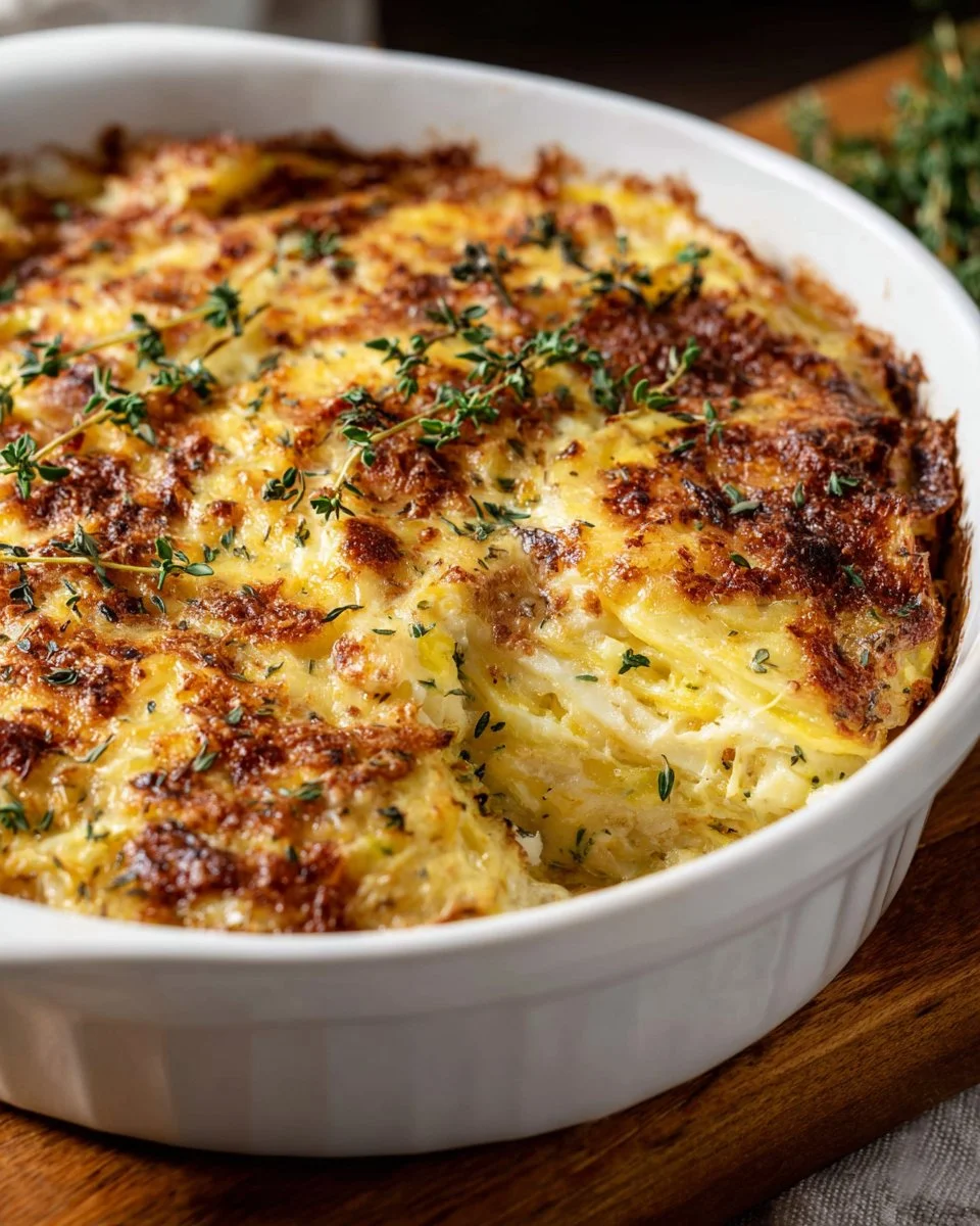 Cheesy potato bake dish baked to perfection with melted cheese and creamy layers
