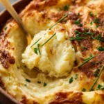 Cheesy roasted garlic mashed potatoes garnished and served on a plate