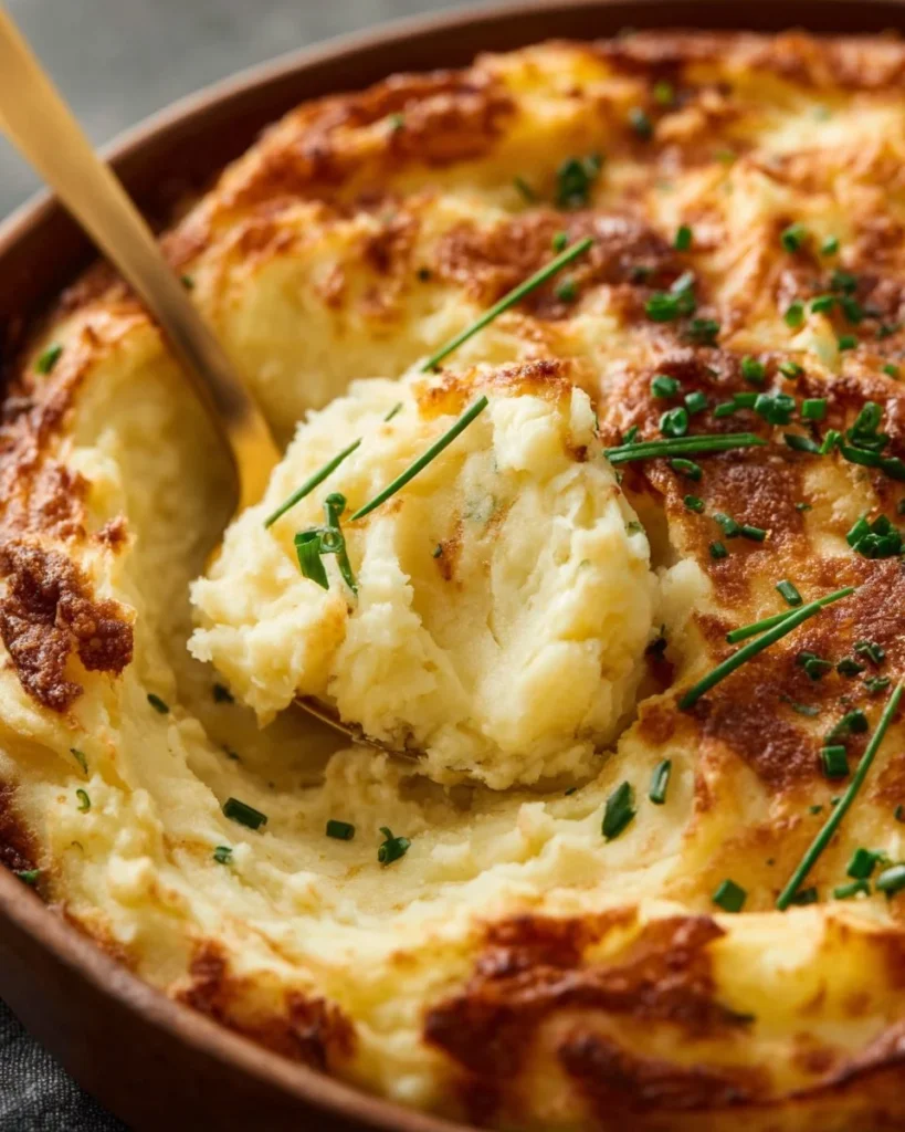 Cheesy roasted garlic mashed potatoes garnished and served on a plate