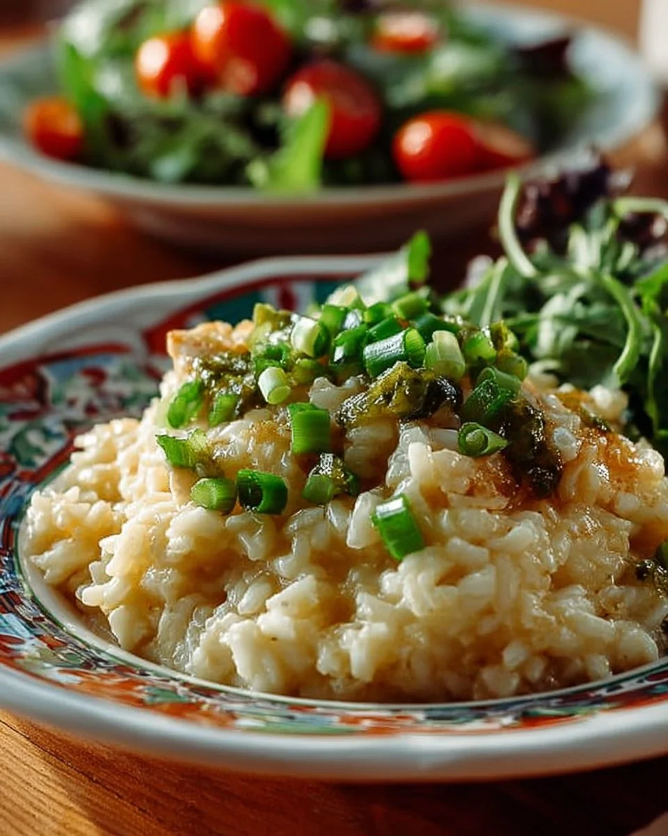 Cheesy salsa verde chicken served on a plate with rice and toppings.
