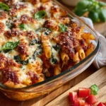 Cheesy vegetable pasta bake with colorful vegetables and melted cheese.