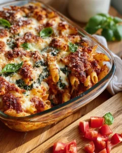 Cheesy vegetable pasta bake with colorful vegetables and melted cheese.