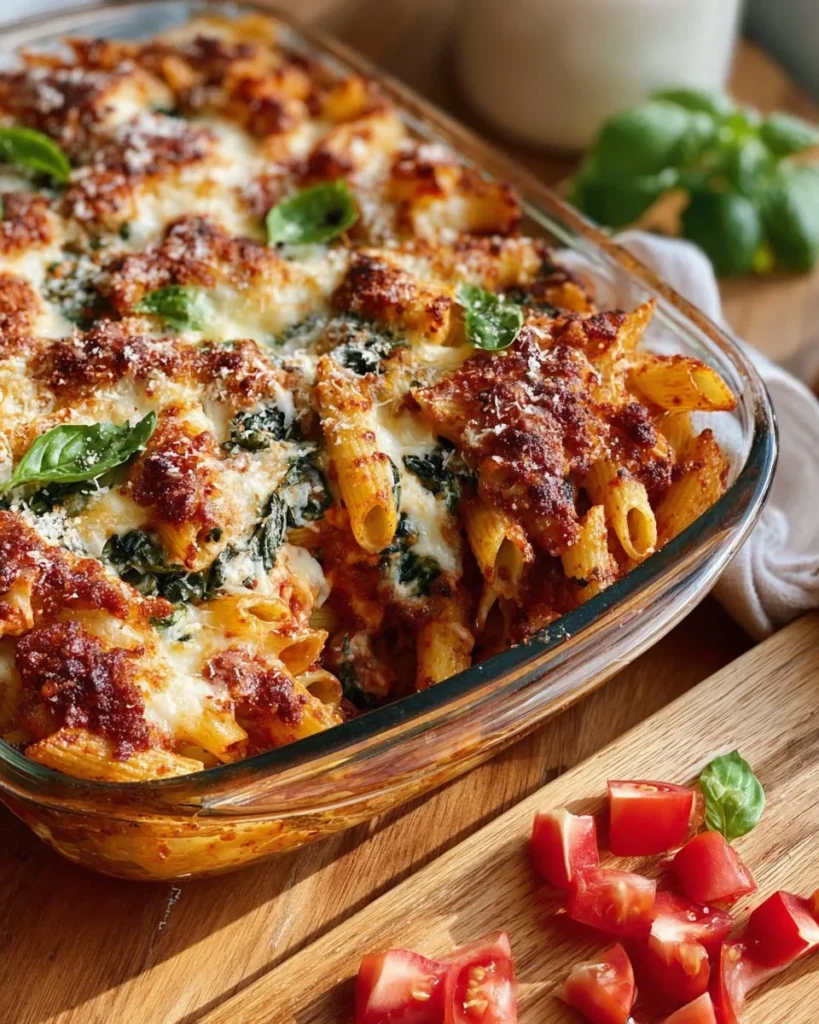 Cheesy vegetable pasta bake with colorful vegetables and melted cheese.