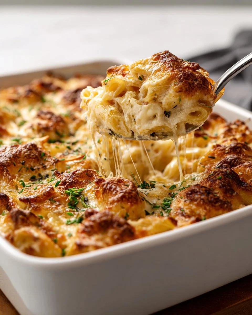 Delicious Chicken Alfredo Bake topped with melted cheese and pasta