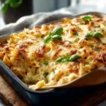 Delicious Chicken Alfredo Casserole topped with cheese and fresh herbs