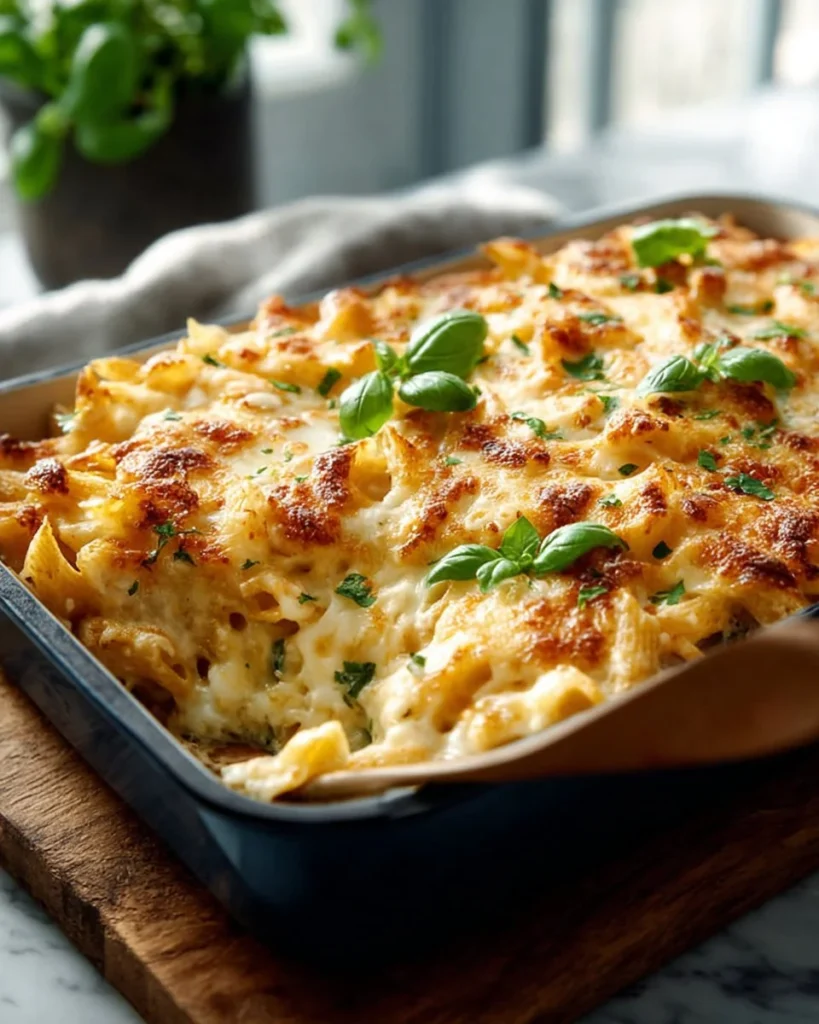 Delicious Chicken Alfredo Casserole topped with cheese and fresh herbs