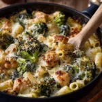 Creamy Chicken and Broccoli Pasta served in a bowl with parmesan cheese on top