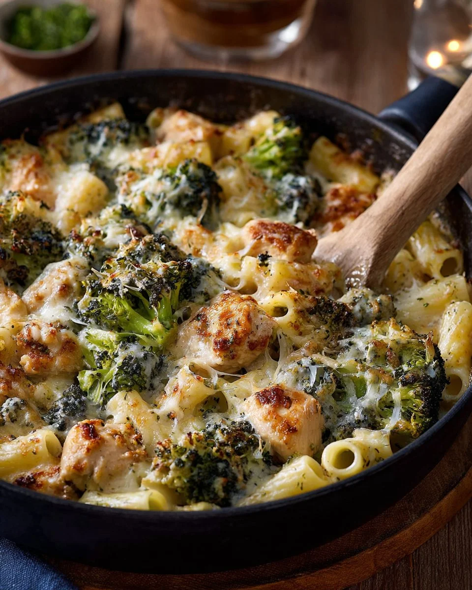 Creamy Chicken and Broccoli Pasta served in a bowl with parmesan cheese on top