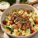 Delicious Chicken Pasta Primavera topped with fresh vegetables and herbs.