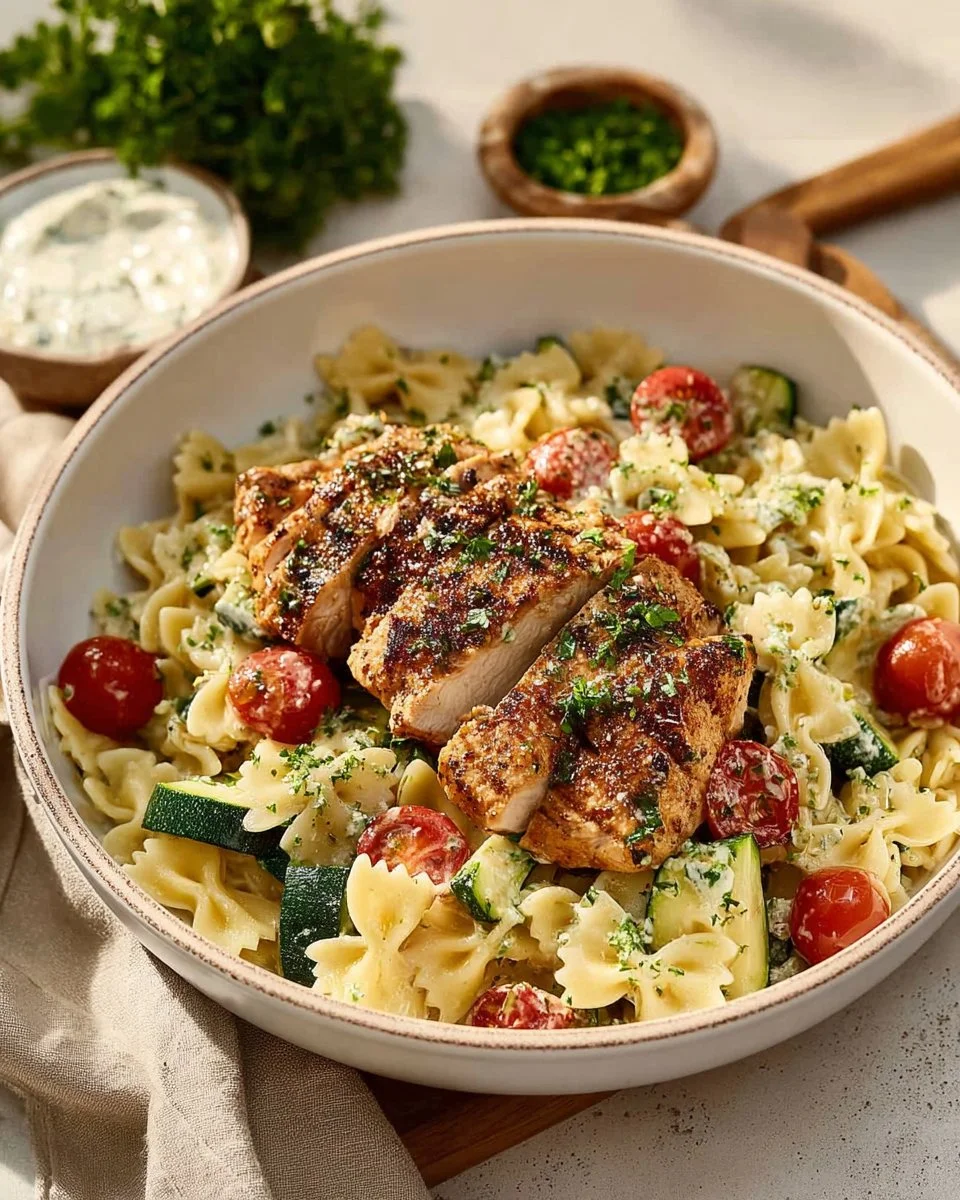 Delicious Chicken Pasta Primavera topped with fresh vegetables and herbs.