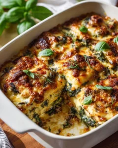 Delicious Chicken Spinach Lasagna with layers of chicken, spinach, and cheese.