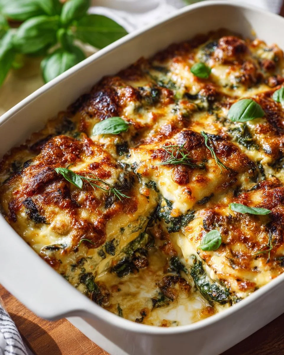Delicious Chicken Spinach Lasagna with layers of chicken, spinach, and cheese.