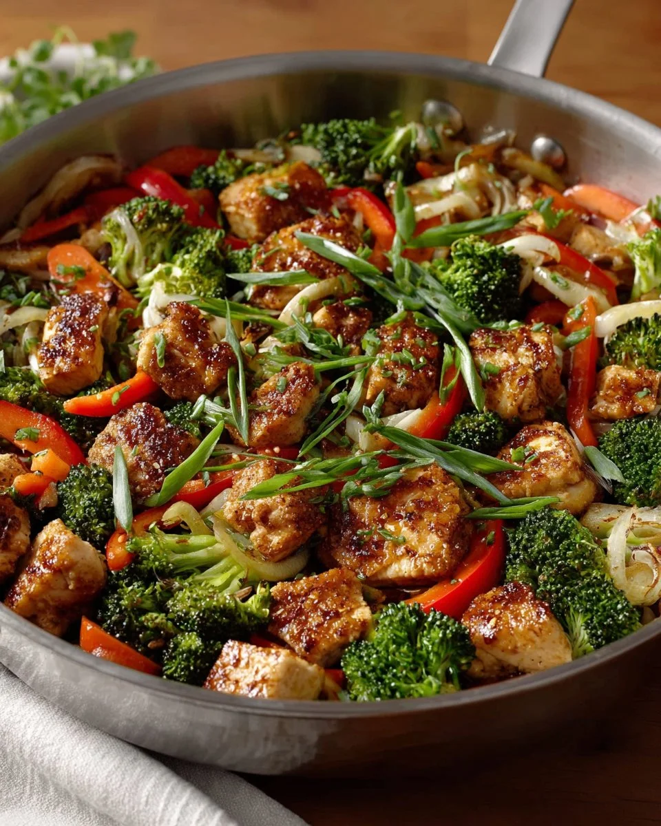 Colorful chicken stir fry with vegetables served in a bowl