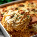 Creamy Chicken Tetrazzini with pasta and vegetables in a baking dish
