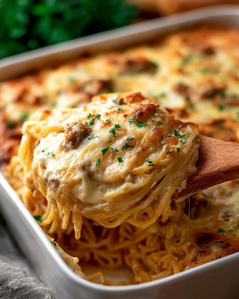 Creamy Chicken Tetrazzini with pasta and vegetables in a baking dish