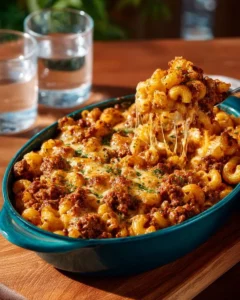 Bowl of Chili Mac Casserole garnished with cheese and herbs