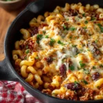 Chili Macaroni Casserole topped with cheese and herbs served in a baked dish