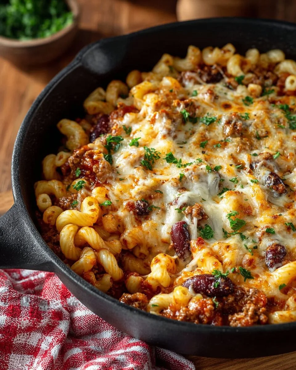 Chili Macaroni Casserole topped with cheese and herbs served in a baked dish